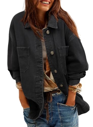 Sidefeel Women's Jean Jacket Oversized Boyfriend Button Up Long